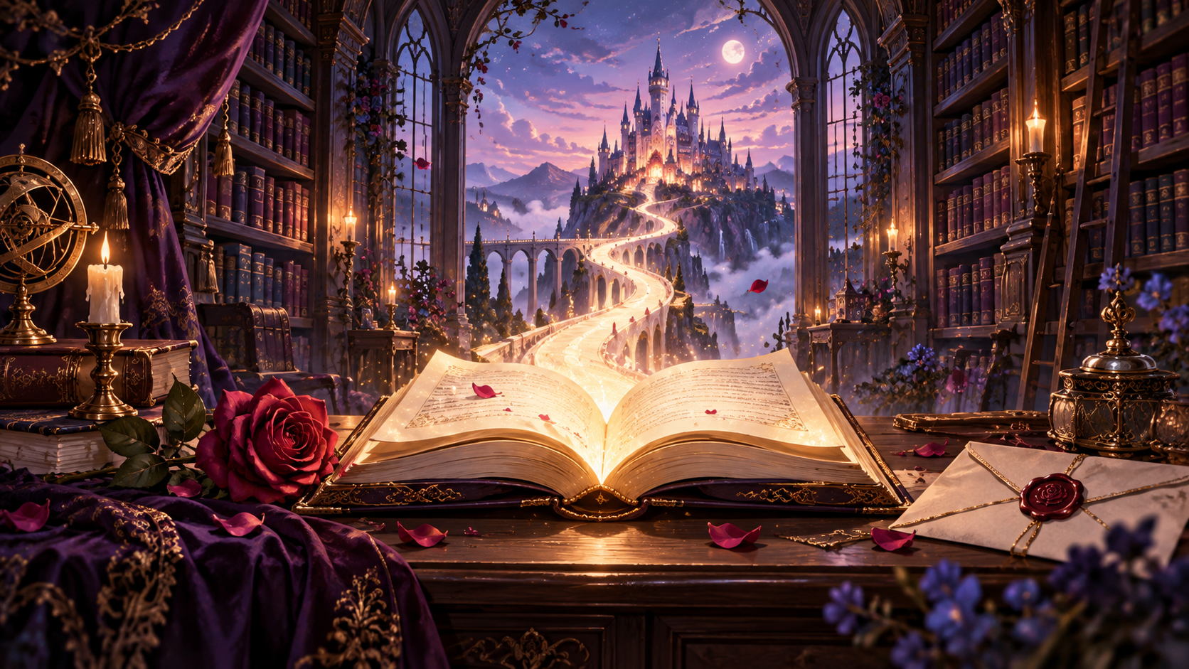 Novel oku rehberi için açık bir kitaptan fantastik bir şatoya uzanan temsili ışıklı yol
